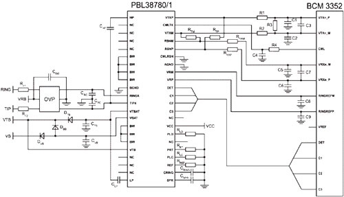 Схема соединения SLIC PBL 387 80/1 и модема BCM 3352
