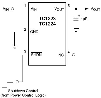 TC1223-2.5, КМОП стабилизатор напряжения с током нагрузки 50мА и режимом отключения
