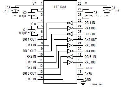 LTC1348, 3.3/5В низкопотребляющий приемопередатчик RS232