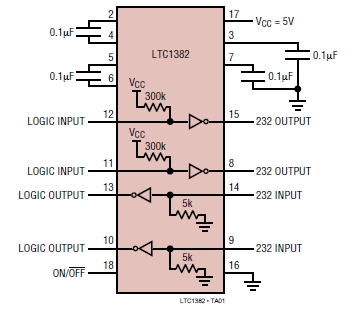 LTC1382, Низкопотребляющий 2-канальный приемопередатчик RS-232 с Shutdown