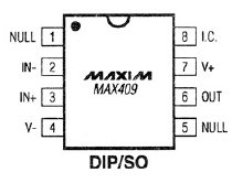 MAX409, 1.2 мкА (макс), одноканальные операционные усилители с униполярным питанием