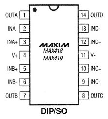 MAX418, 1.2 мкА (макс), четырехканальные операционные усилители с униполярным питанием