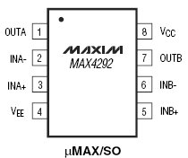 MAX4292, Ультраминиатюрные, 1.8 В, микромощные операционные усилители с I/O сигналами от шины до шины питания
