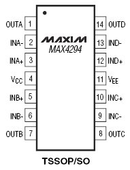 MAX4294, Ультраминиатюрные, 1.8 В, микромощные операционные усилители с I/O сигналами от шины до шины питания
