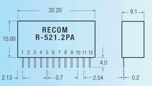 R-521.2DA, DC/DC преобразователь мощностью 2.5 Вт, корпус: для монтажа на печатную плату SIP12