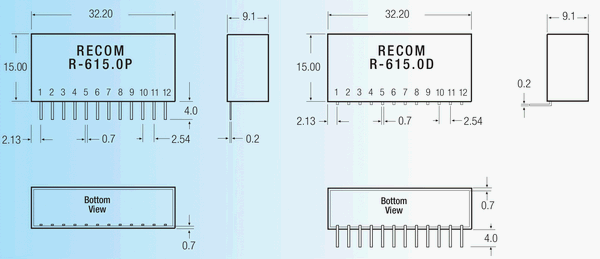 R-619.0D, DC/DC преобразователь мощностью 9 Вт, корпус: для монтажа на печатную плату SIP12