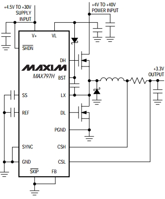 MAX797H, Высоковольтный понижающий контроллер напряжения с синхронным выпрямлением для питания CPU
