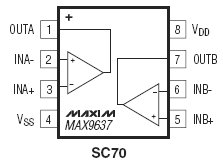 MAX9637, Малошумящие операционные усилители с входными каскадами КМОП, имеют напряжение питания 3В/5В, размах выходного сигнала, равный напряжению питания