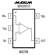 MAX9910, Одноканальный операционный усилитель, полоса пропускания 200 кГц, ток потребления 4 мкА