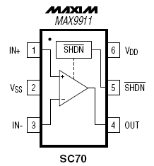 MAX9911, Одноканальный операционный усилитель, полоса пропускания 200 кГц, ток потребления 4 мкА, режим пониженного энергопотребления