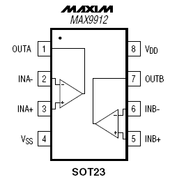 MAX9912, Двухканальный операционный усилитель, полоса пропускания 200 кГц, ток потребления 4 мкА,