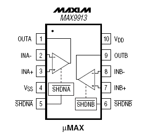 MAX9913, Двухканальный операционный усилитель, полоса пропускания 200 кГц, ток потребления 4 мкА, режим пониженного энергопотребления