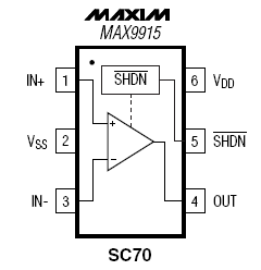 MAX9915, Одноканальный операционный усилитель, полоса пропускания 1 МГц, ток потребления 20 мкА, режим пониженного энергопотребления