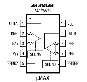 MAX9917, Двухканальный операционный усилитель, полоса пропускания 1 МГц, ток потребления 20 мкА, режим пониженного энергопотребления