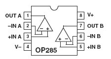 OP285, 2-канальные 9МГц прецизионные операционные усилители