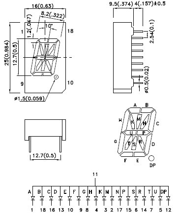 PSA05-11EWA, 16-сегментный алфавитно-цифровой светодиодный индикатор с высотой символа 12.7мм (0.5 дюйма)