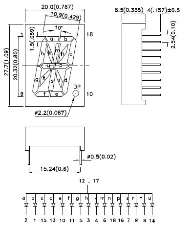 PSA08-12EWA, 16-сегментный алфавитно-цифровой светодиодный индикатор с высотой символа 20.32мм (0.8 дюйма)