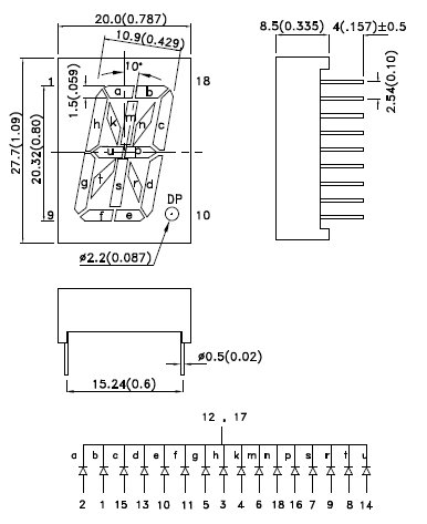 PSC08-12EWA, 16-сегментный алфавитно-цифровой светодиодный индикатор с высотой символа 20.32мм (0.8 дюйма)