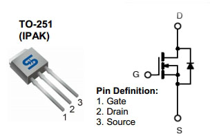TSM1NB60CH, Силовой N-канальный MOSFET транзистор, 600 В, 0.5 А