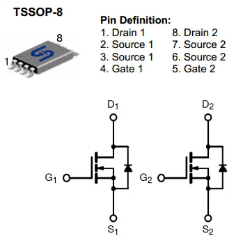 TSM6866SDCA, Сдвоенный N-канальный MOSFET транзистор, 20 В, 6 А