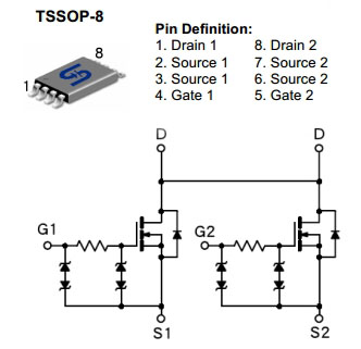 TSM6968DCA, Сдвоенный N-канальный MOSFET транзистор, 20 В, 6.5 А, ESD звщита